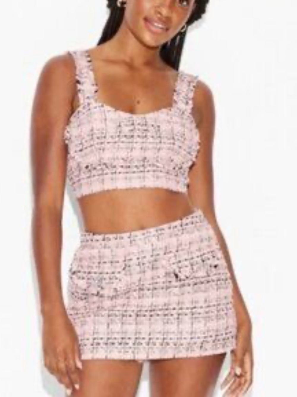 Wild Fable Pink Tweed Barbie Core 2-Piece Set w/Fringed Edges & Jewel Buttons-XS